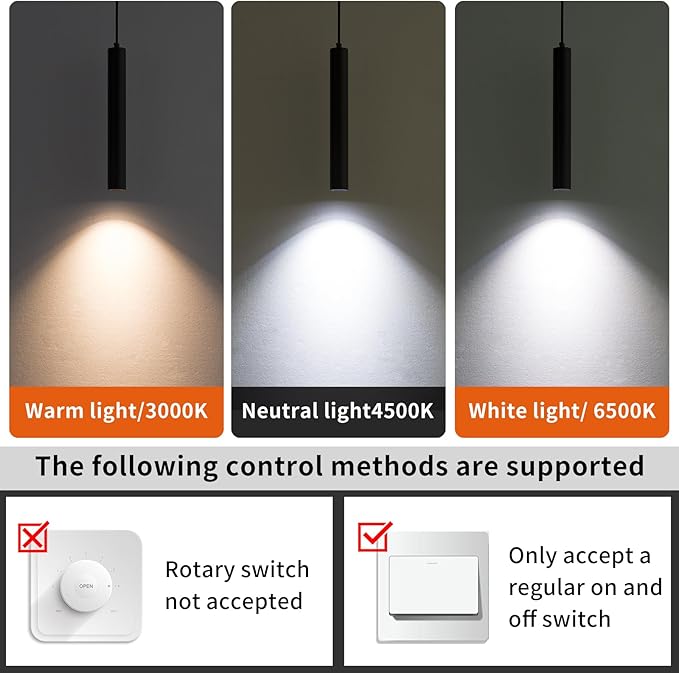 Modern LED Pendant Light for Kitchen Island, 3 Color 3000K/4500K/6500K, Black Minimalist Linear Hanging Light Fixture, 8W 800 Lumen, Mini Ceiling Chandelier for Dining Room, Bedroom, Hallway