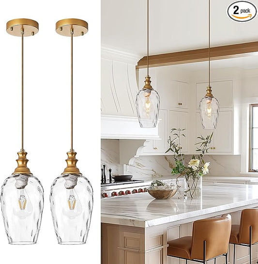 Pendant Lights Kitchen Island, Brushed Gold Modern Pendant Light Fixtures, Adjustable Cable Hanging Lighting with Hand-Blown Glass Shade & E26 Base for Bedroom, Hallway, Dining Room, 2 Pack