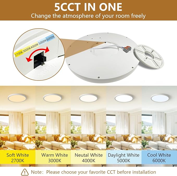Dimmable 12Inch LED Flush Mount Ceiling Light, 24W, 2520LM, 2700K/3000K/4000K/5000K/6000K CCT Selectable,LED Round Flat Panel Light Dimmable from 5% to 100% for Bedroom,Kitchen,Hallway, White 6PK
