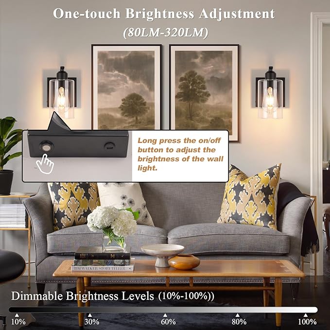 BELS 8 Inch Battery Operated Wall Sconces Set of 2, Farmhouse Wall Lights Fixture with Clear Glass, 4000K, Remote Control, Dimmable, Black Wall Sconces for Mirror, Bathroom, Bedroom