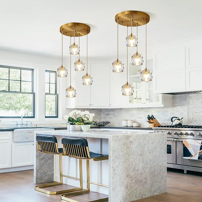 Mid Century 5-Lights Cluster Pendant Lighting Modern Gold Crystal Kitchen Island Pendant Light Multi Light Brass LED Pendant Light Fixture Clear Bubble Round Dining Chandelier