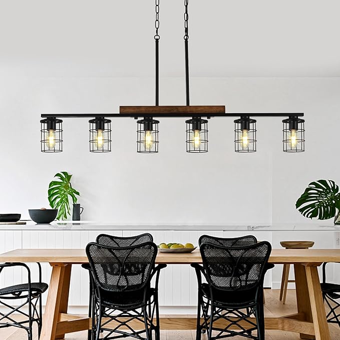 47.2" Farmhouse Kitchen Light Fixture, Black Hanging Kitchen Chandelier, 6-Light Rustic Dining Room Light Adjustable Height with Wood and Metal Frame, Suit for Farmhouse, Industrial Style