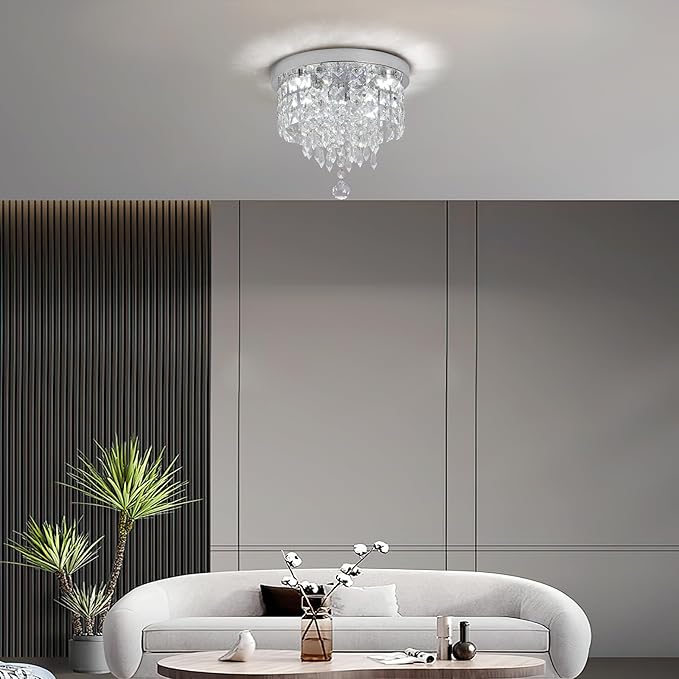 Deckrico Crystal Chandelier Flush Mount Ceiling Light Chrome Modern LED Lighting Fixture for Bedroom, Closet, Bathroom, Hallway – White Light