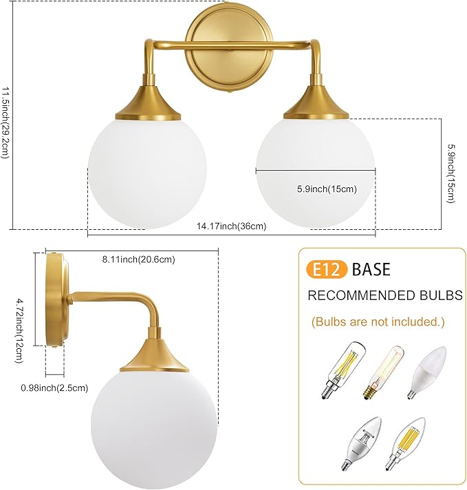Gold Bathroom Light Fixtures, Modern Vanity Lighting Over Mirror, Mid Century Modern Matte Black Wall Sconce 2-Light with Milky White Glass Ball Shades