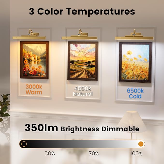 4 Pack Art Light Set, 12" Wireless Battery Picture Lighting, Remote Control Timer 3 Color Temps for Bedroom,Hallway, Museum (Antique Gold)