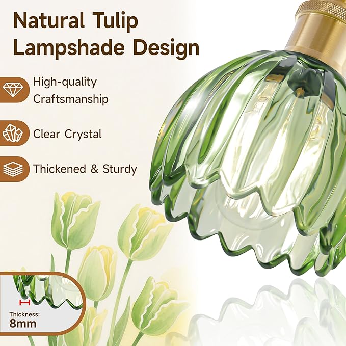 Bathroom Light Fixtures Over Mirror,3 Light Vintage Bathroom Vanity Lights,20 in Brushed Brass Antique Vanity Light with Green Tulip Glass Shade for Bedroom, Living Room, Foyer,E26 Base