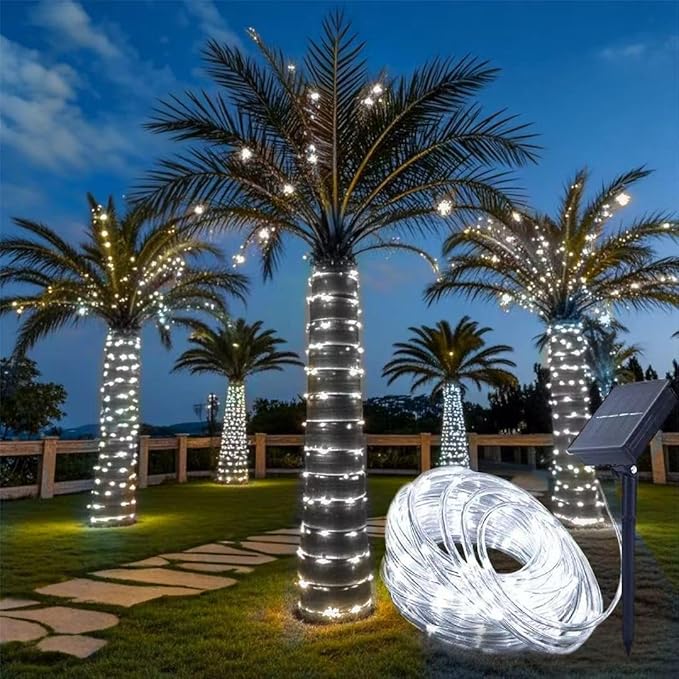 Honche Solar Rope Light 33FT 100LED IP65 Waterproof Outdoor LED Copper Fairy String Tube Lights for Party Gazebo Garden Patio Stair Balcony Fence Tree Daily Christmas Decoration (Solar-Cold White)