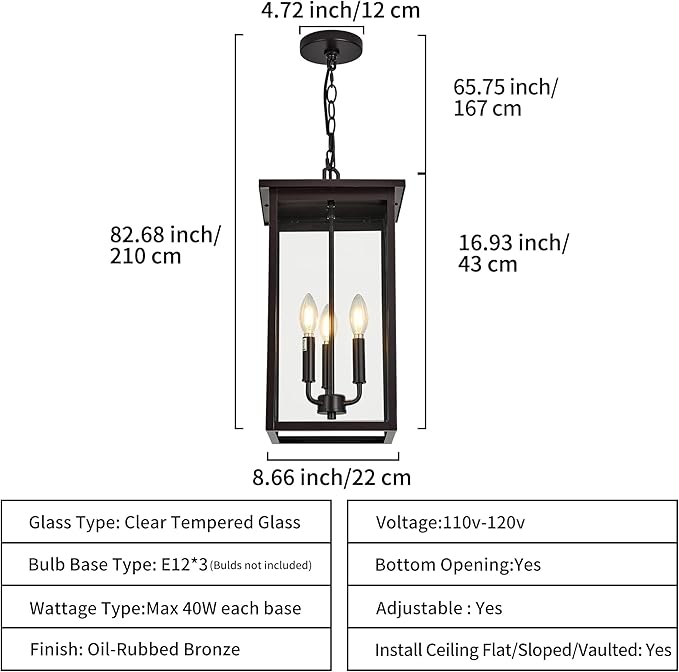 Large Outdoor Pendant Light Fixtures, Oil Rubbed Bronze 3-Lights Outdoor Ceiling Hanging Lanterns with Clear Glass, Exterior Gazebo Light for Patio, Porch, Yard, Gara