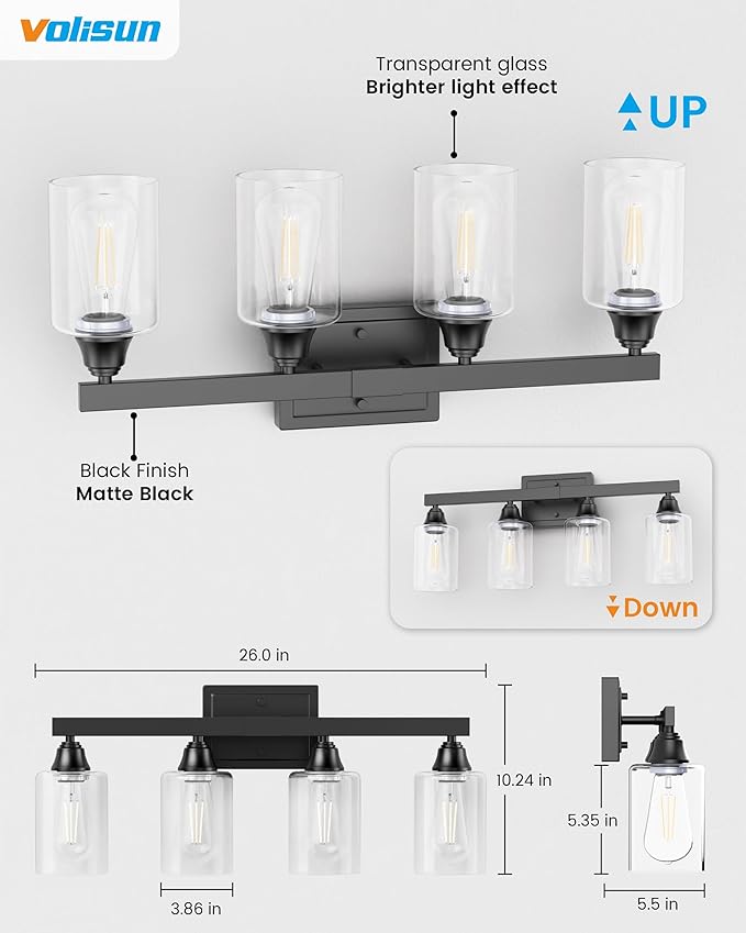 VOLISUN Matte Black Bathroom Light Fixtures, 4-Light Bathroom Vanity Light Over Mirror, Modern Vanity Lights for Bathrooms, Bathrooms Lights Fixtures Over Mirror with Clear Glass Shades