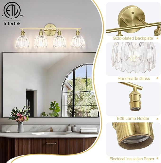 Vintage Bathroom Light Fixtures,4-Light Hardwired Vanity Lights with Clear Tulip Glass Shade,Gold Bathroom Vanity Light for Mirror Restroom,E26 Socket,25.2 in(Bulbs Not Included)