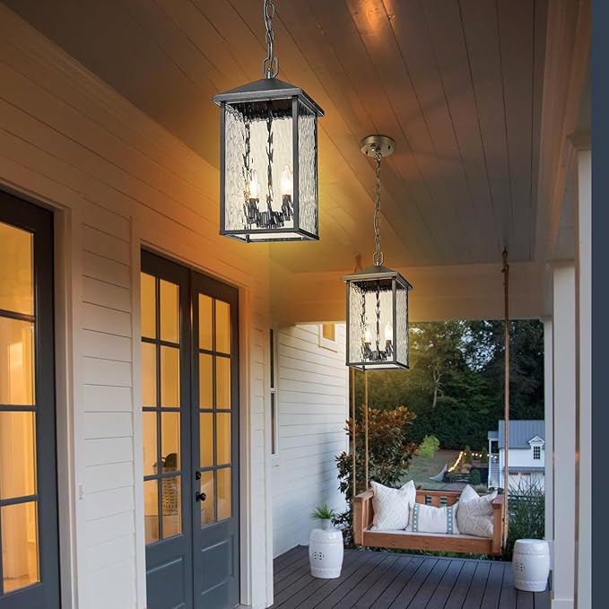 Large Outdoor Pendant Light Black Hanging Light Fixture Ceiling Mount 2-Light Dusk to Dawn, Modern Large Outdoor Chandelier Exterior Pendant Lights with Water Ripple Glass for Porch Patio
