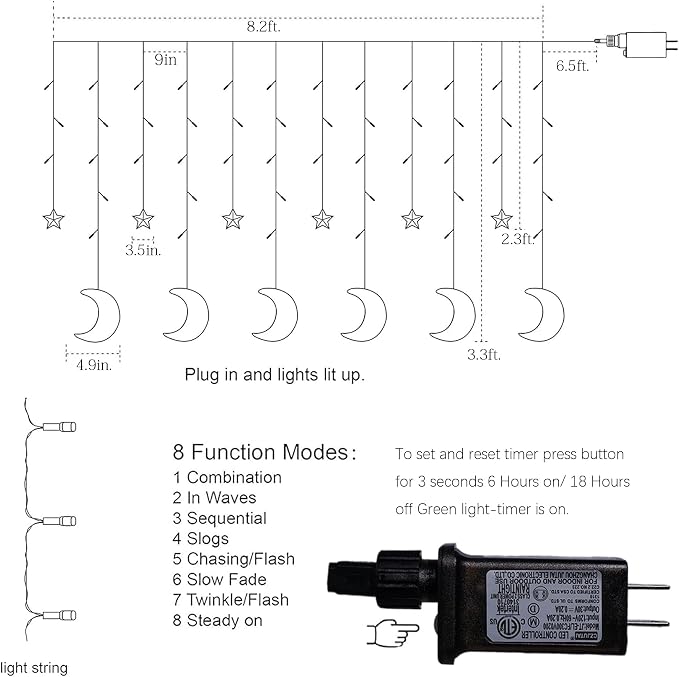 TW SHINE Ramadan Star Moon Curtain String Lights, 138 LED 8.2 FT Star Moon Hanging Lights with 8 Modes and Timer, Waterproof Fairy Lights for Indoor Outdoor Window Holiday Mubarak Ramadan Decorations