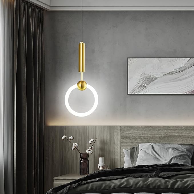 Modern LED Pendant Light Fixtures, Simplicity Gold Pendant Lighting,Circular Hanging Chandelier for Kitchen Island Dining Room Bedroom Entryway Hallway(Gold-2-Pack)