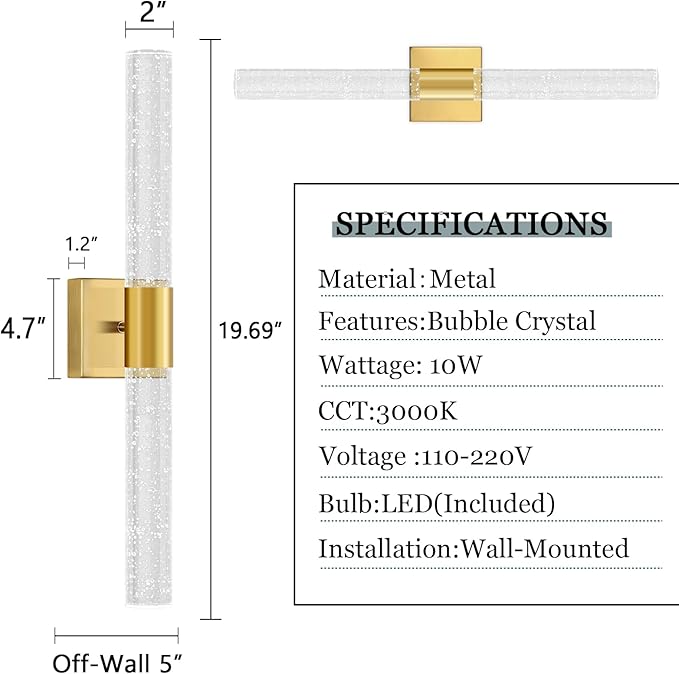 Brushed LED Wall Sconces LED Warm Light Interior Glam Crystal Wall Light Hardwired Gold