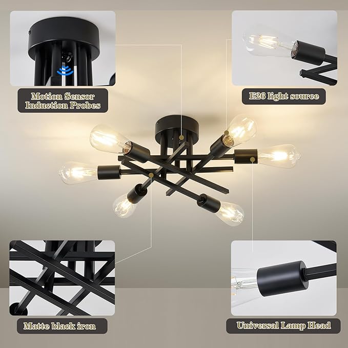 Semi Flush Mount Motion Sensor Ceiling Light Fixture，6 Lights Black Vintage Matte Sputnik Chandelier Ceiling Lamp with E26 Bulb Base for Farmhouse Dining Room Living Room Bedroom Study Kitchen