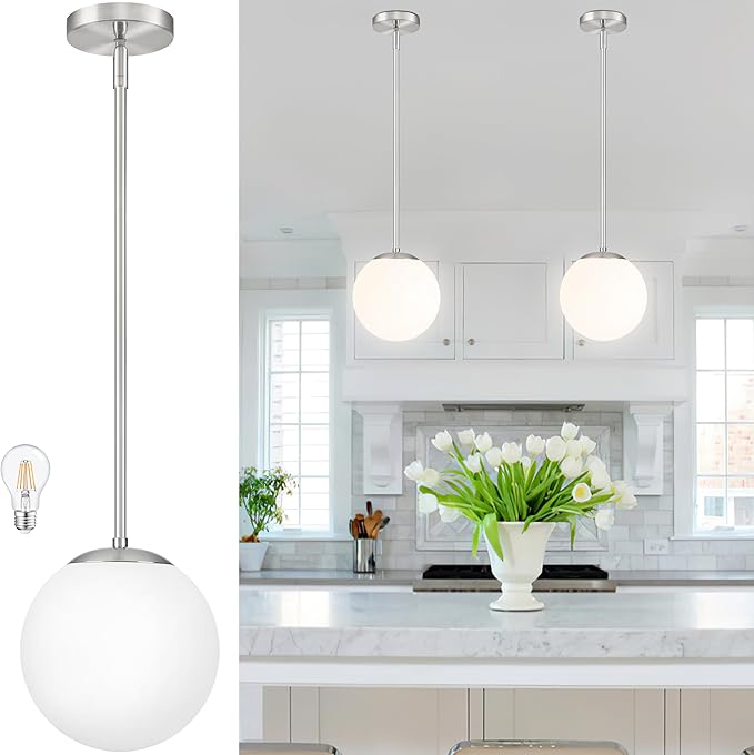 Bagood 8 Inch Globe Pendant Light Nickel Globe Pendant Lights Kitchen Island Mid Century Light Fixture with Milky White Glass Contemporary Adjustable Hanging Lights for Dining Room (Bulb Included)