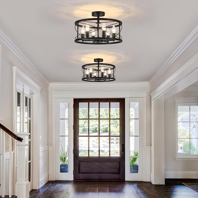 TOULMJ 6-Light Black Semi Flush Mount Ceiling Light, 16.53'' Modern Entryway Light Fixtures, Farmhouse Light Fixtures Flush Mount Chandelier for Kitchen Island Laundry Hallway Dining Room