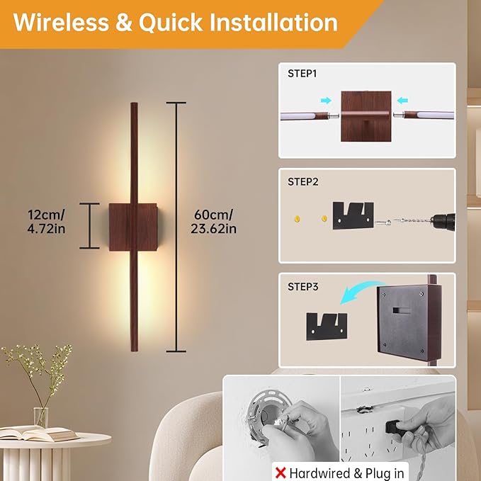 Shenmoyl Battery Operated Wall Sconce Set of 2, 8000mAh Rechargeable Wall Sconces, 3000K-6000K Dimmable, 350°Rotate, Indoor Wall Lights for Bedroom Living Room Bathroom, Black Walnut, 23.6 Inch