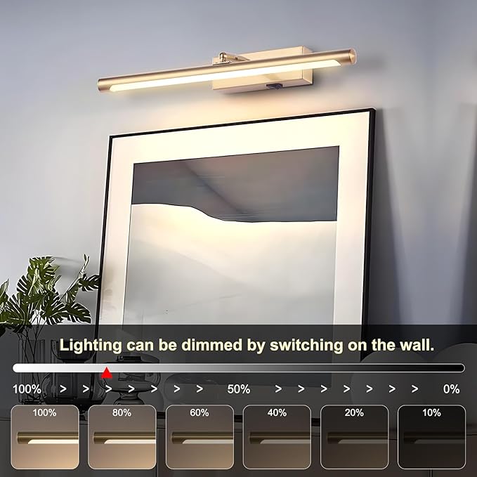 Picture Light for Wall Battery Operated, 24" Rechargeable Art Light with Remote and Timer for Painting, 9000mAh Wireless Wall Light for Display, Artwork, Portrait, Gallery, Gold