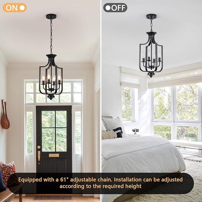 10.63" Black Chandelier 4-Lights Modern Farmhouse Lantern Chandeliers for Dining Room Rustic Metal Cage Industrial Vintage Adjustable Pendant Light Fixture for Foyer Kitchen Entryway Hallway E12