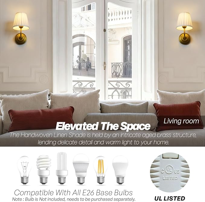 Vintage Gold Wall Sconce Light Brass Bathroom Vanity Light with White Fabric Shade Hardwire Modern Wall Sconces Lamp for Bedroom Living Room Bathroom Kitchen Indoor E26