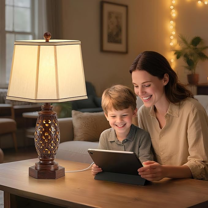 EJIAXIN Bedside Lamps Set of 2-23.5" Vintage Table Lamp with USB A+C and Nightlight - Brown Carved Resin Farmhouse Desk Lamp for Bedrooms, End Tables, Living Room, Bulbs Included