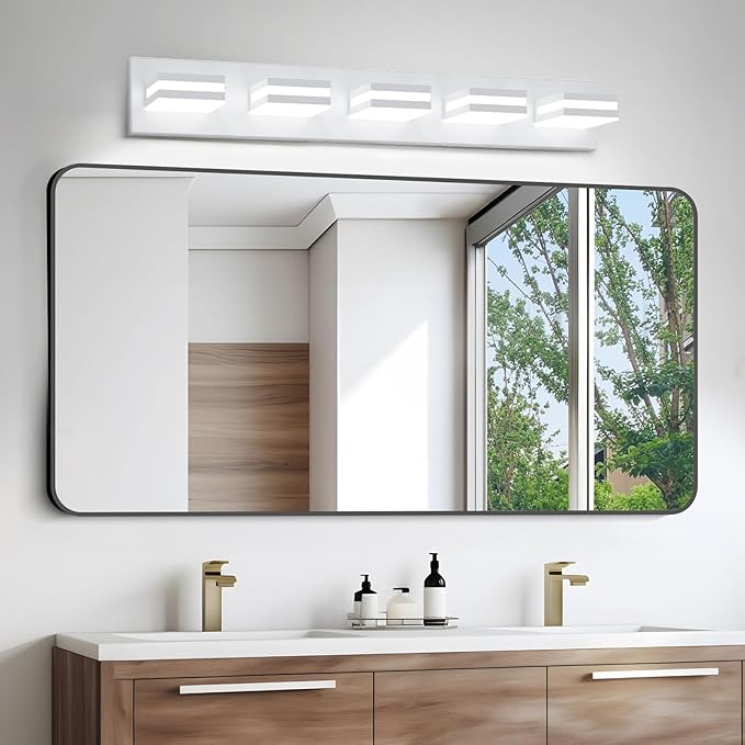 IZORRO LED Modern Bathroom Lights Fixtures(5-Light,Dimmable,360°Rotate),Matte White Acrylic Wall Lighting,Vanity Lights for Bathroom Over Mirror - 6000k 30In （No Assembly Required）