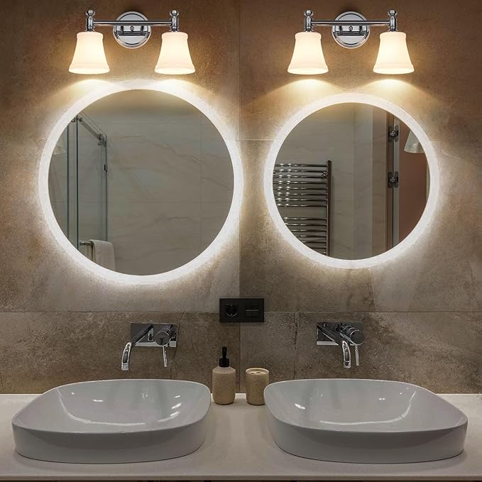 Bathroom Vanity Light Fixtures, Traditional Chrome 2 Lights Wall Sconce Lighting with Opal Glass Shade, Porch Wall Mount Light Fixture for Bathroom, Mirror Cabinets Hallway Stairs
