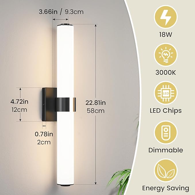 AIJIASI Black Vanity Lights for Bathroom, 22.8 Inch LED Vanity Light Modern Bathroom Light Fixtures, 18W Sconces Wall Lighting with Acrylic Shade for Mirror Bedroom Living Room Hallway 3000K