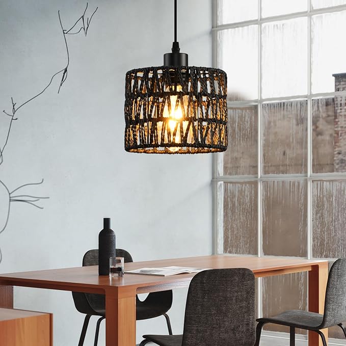 Woven Pendant Light Boho Chandelier, Rattan Pendant Lights Kitchen Island, Farmhouse Pendant Lighting with Hand Woven Wicker Shade, Boho Chandelier Light Fixtures Ceiling Hanging Light