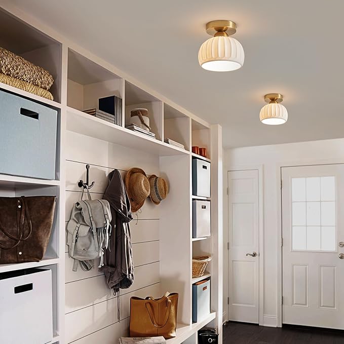 2 Pack Ceramic Gold Semi Flush Mount Ceiling Light Vintage Hallway Light Fixtures, Modern Small Ceiling Mount Light Lamp for Hall Kitchen Entryway Passway Porch Foyer