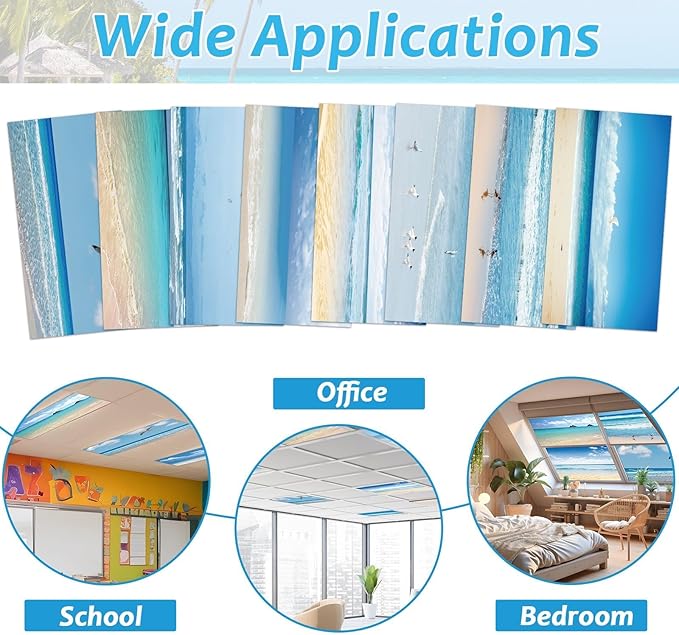 8 Pcs Fluorescent Light Covers with 80 Magnets Decorative for Classroom Ceiling Light 4 x 2 Feet Magnetic Light Covers Filter Easy Install for Office Hospitals & Home Drop Ceiling Supplies (Beach)