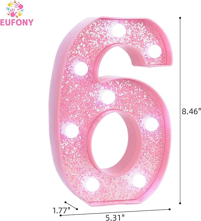 Pink Light Up Marquee Numbers, Glitter LED Number Lights Sign Battery Operated for Girls 6th Pink Birthday Party Table Decorations, 2026 Graduation Decor, 8 Inch Number 6 with Cool White Lights
