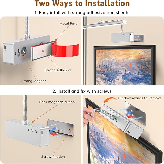 Picture Light, 15.35inch Wireless Picture Lights for Wall Rechargeable, Battery Lights for Pictures on Wall, 3 Color Art Lighting for Paintings with Timer and Dimmable Artwork Display (Silver-2PCS)
