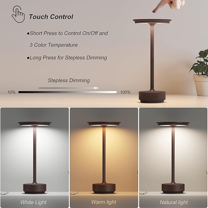 TBBGA 2 Pack Rechargeable Cordless Table Lamps, 5000mAh Portable Battery Table Light, 3 Color Stepless Dimming LED Table Light with Memory Function, for Outdoor/Home/Patio/Restaurant.(Rust)