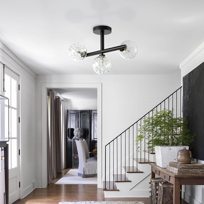 Modern Globe Glass Ceiling Light: 13 Inch Sputnik Semi Flush Mount Light with Hammered Clear Glass Shade - 3 Lights Black Ceiling Lighting Fixture - Dimmable Linear Chandelier for Bedroom Living Room