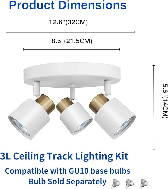 3 Light Track Lighting Kit, Matte White Brass Finish Canopy with Moden Flush Mount Ceiling Spotlight for Kitchen,Dining,Living Room,Home Improvement
