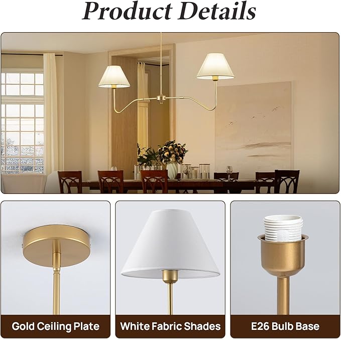 2-Light Gold Modern Linear Chandelier, 55 Inch Farmhouse Kitchen Island Lighting with White Fabric Shades, Dining Room Light Fixtures for Living Room Bedroom, Height Adjustable
