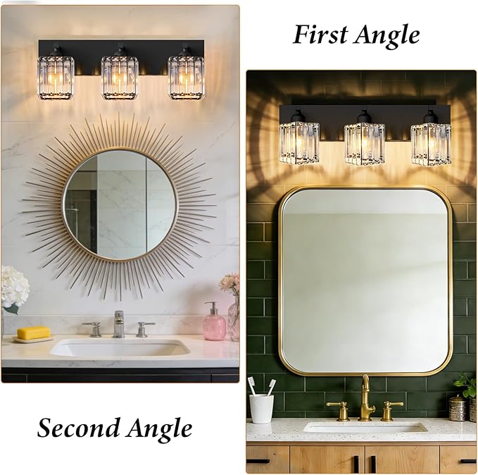 Black Crystal Bathroom Vanity Light, 3-Light Modern Bathroom Lighting Fixtures Over Mirror, Matte Black Wall Sconce Light Fixtures with Square Shade