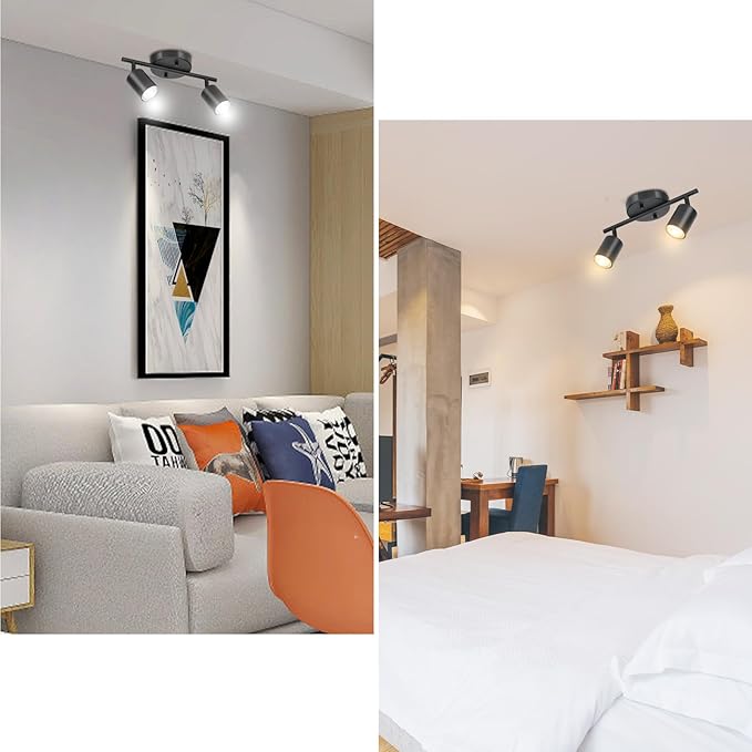 BoostArea LED 2 Light Track Lighting Kit, Black 2 Way Ceiling Spot Lighting, Flexibly Rotatable Light Head for Kitchen, Living Room, Bedroom, GU10 Bulb Not Included