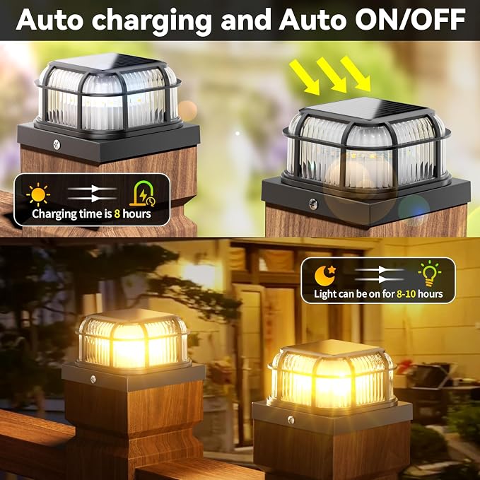 Solar Post Light 6 Packs with 4x4, 5x5 and 6x6 Inches Base for Vinyl/Wooden Posts, Bright 16 LEDs Solar Cap Lights with Two Light Modes for Decorating Deck, Patio, Porch, Fence (Black)