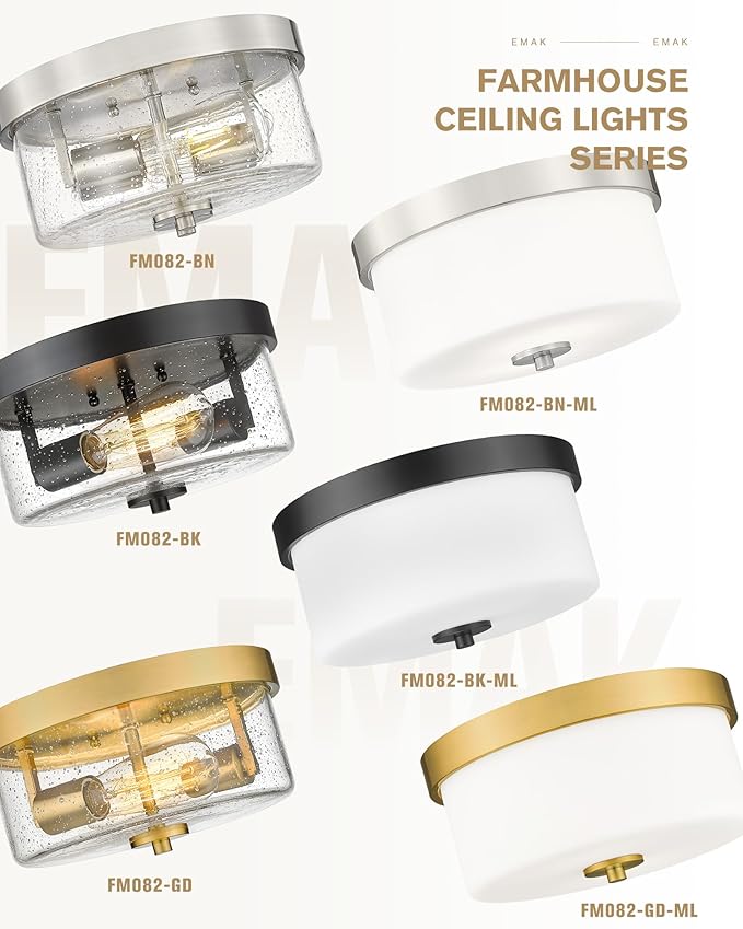 EMAK Black Modern Flush Mount Ceiling Light Fixture with Milk Glass, FM082-BK-ML