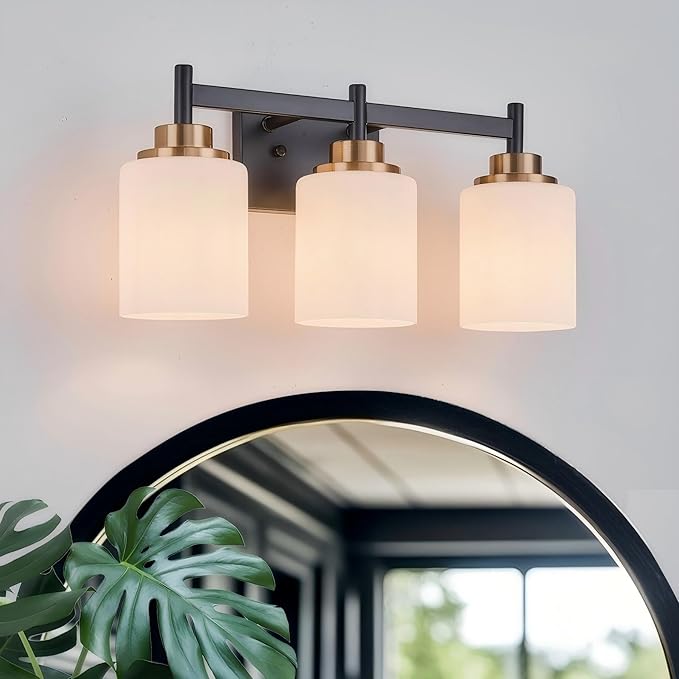18-Inch Bathroom Vanity Light, 3-Light Black Gold Wall Sconce with White Glass Shades, Modern Hardwired Vanity Lighting Fixture