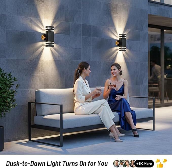Outdoor Wall Lights 2-Pack – Modern Patio Wall Light Fixture, Dusk to Dawn Outside Lights for House, Up & Down Outdoor Sconce, Waterproof Outdoor Light Fixtures, Front Porch, Garage Lights