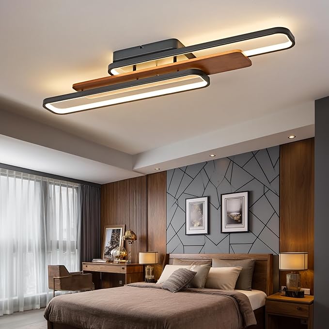 39.4" Modern LED Flush Mount Ceiling Light Dimmable Wood Ceiling Lights Chandeliers, 80W Long Close to Ceiling Lamp 3000K–6500K Linear Lighting Fixtures for Living Room Bedroom Kitchen