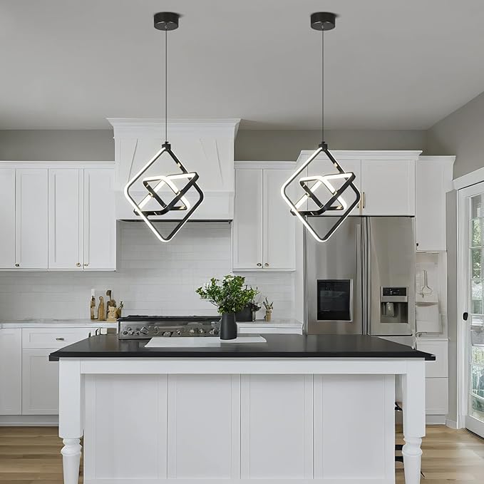 Modern LED Pendant Light Black Pendant Lights 4000K 35W Dimmable External Glow Height Adjustable Pendant Lighting Rectangle Chandelier for Kitchen Island Dining Room Bedroom Foyer（3-Ring）
