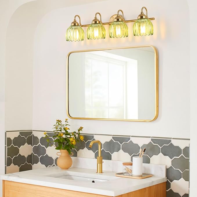 Vintage Bathroom Light Fixtures, Brass Vanity Lights with Green Tulip Glass Shade, Vanity Sconces for Bathroom Bedroom Living Room Hallway, 4-Light