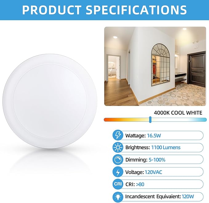 ECOELER 6" Flush Mount Ceiling Light, LED Dimmable Recessed Can Lights, 16.5W 4000K Cool White 1100Lm, Low Profile Disc Downlight Installs into J-Box or Recessed Can, ETL & FCC Listed, 6 Pack
