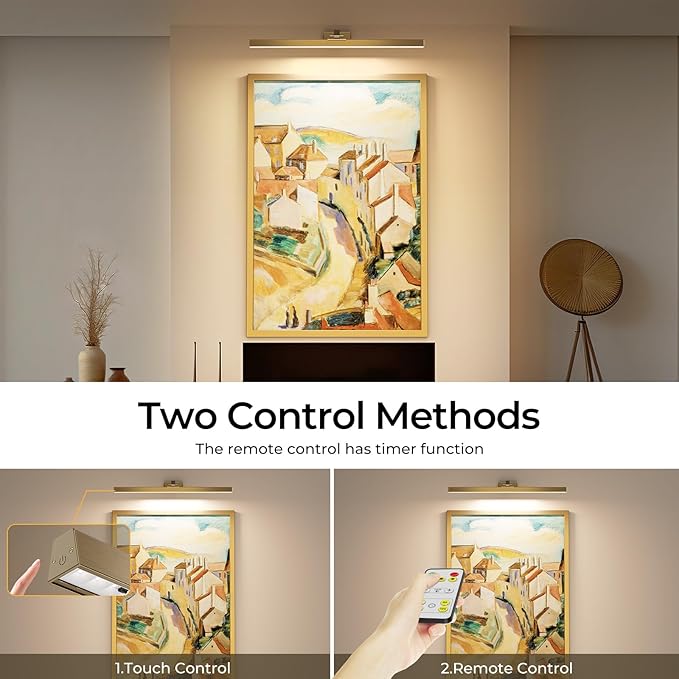 Afyuol Picture Lights for Wall, Brass Battery Operated Picture Light 24in Art Light CCT Dimmable Recharging Battery Wall Light with Remote Control for Living Room Gallery