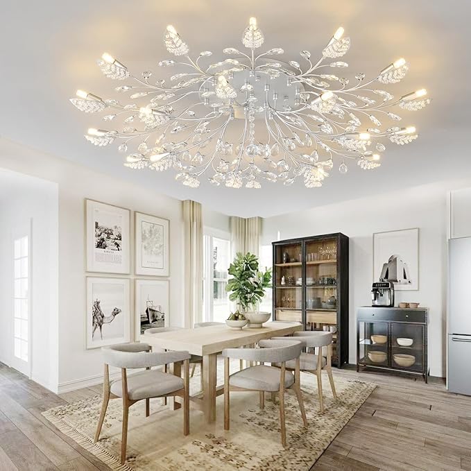 Modern Crystal Ceiling Light Fixture,Semi Flush Mount Chandeliers,Crystal Leaf Ceiling Light,Silvery Chandeliers for Dining Room,Living Room,Bedroom